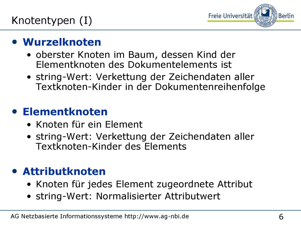 Knotentypen (I) Wurzelknoten Elementknoten Attributknoten
