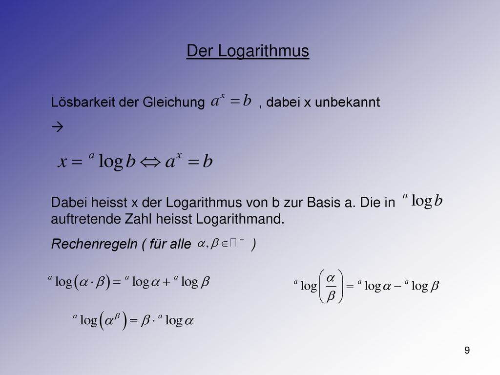 Der Logarithmus Lösbarkeit der Gleichung , dabei x unbekannt 
