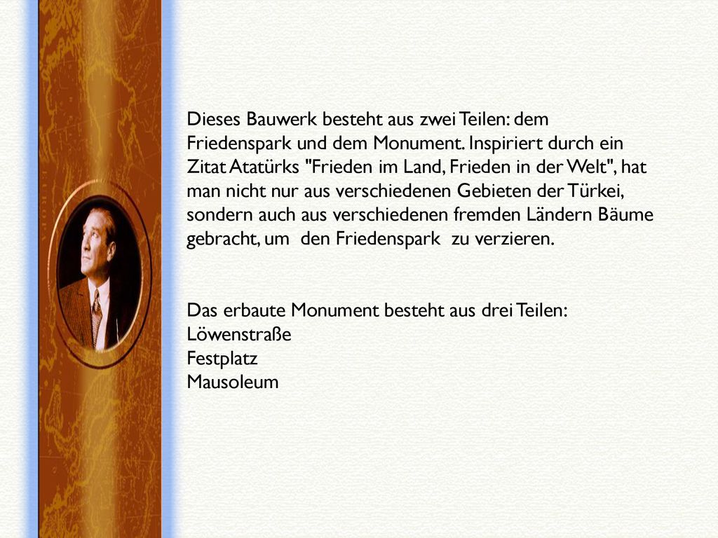 Dieses Bauwerk besteht aus zwei Teilen: dem Friedenspark und dem Monument.