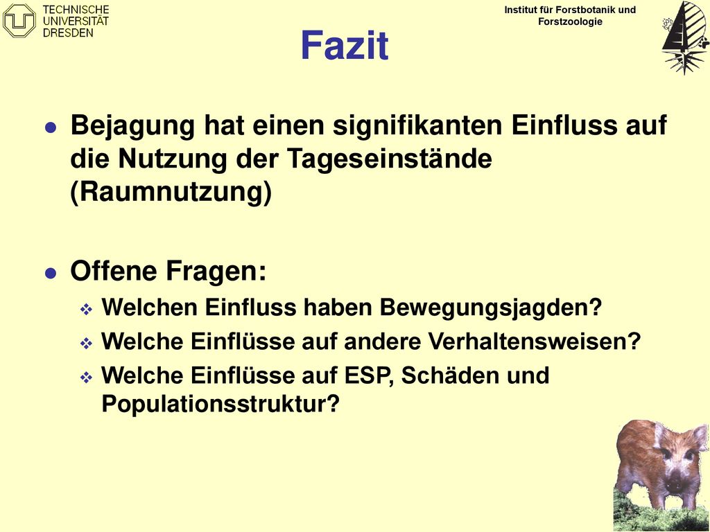 Fazit Bejagung hat einen signifikanten Einfluss auf die Nutzung der Tageseinstände (Raumnutzung) Offene Fragen: