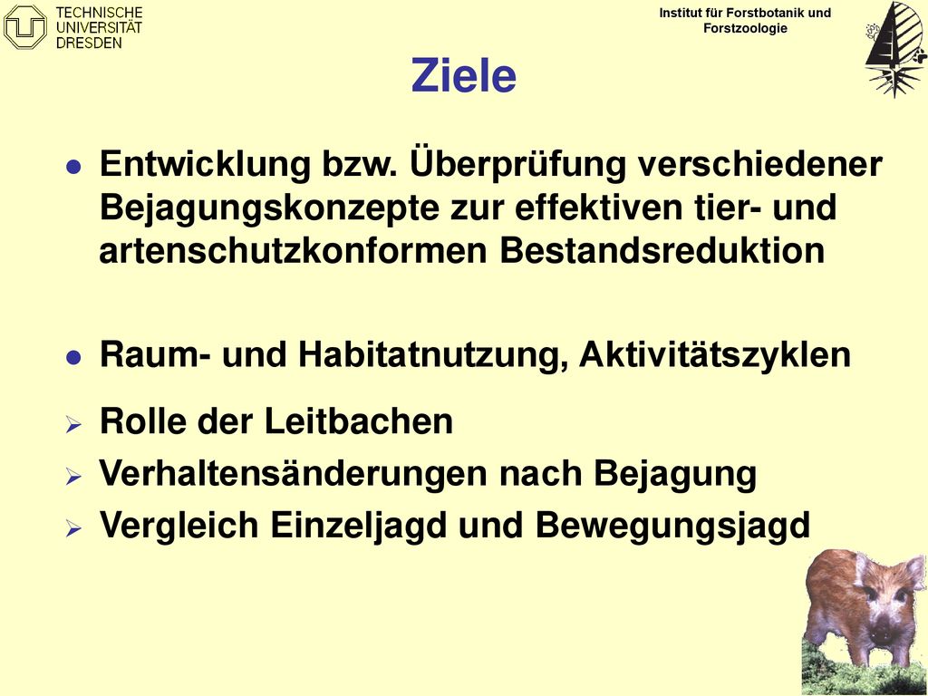 Ziele Entwicklung bzw. Überprüfung verschiedener Bejagungskonzepte zur effektiven tier- und artenschutzkonformen Bestandsreduktion.