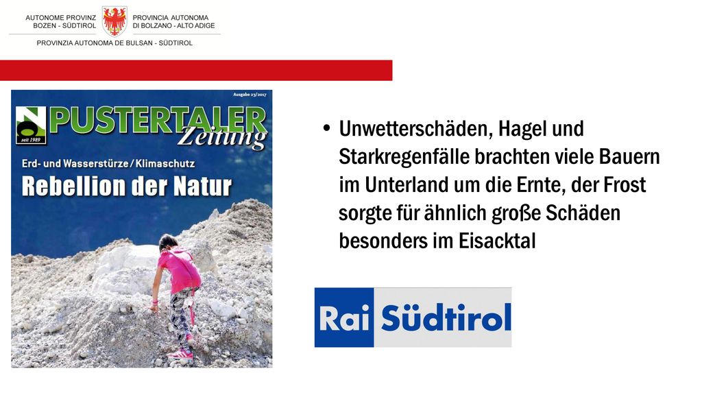Unwetterschäden, Hagel und Starkregenfälle brachten viele Bauern im Unterland um die Ernte, der Frost sorgte für ähnlich große Schäden besonders im Eisacktal