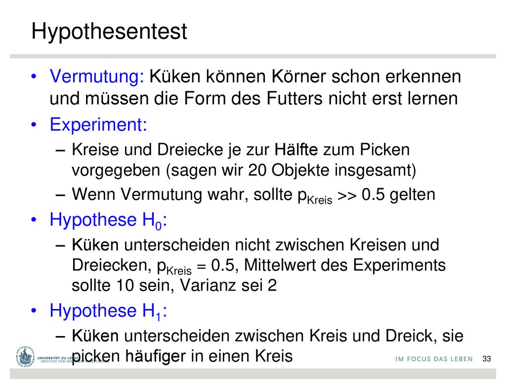 Hypothesentest Vermutung: Küken können Körner schon erkennen und müssen die Form des Futters nicht erst lernen.