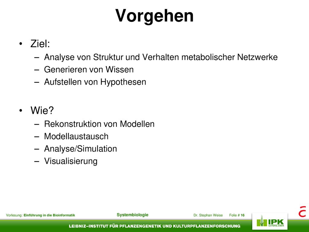 Vorgehen Ziel: Analyse von Struktur und Verhalten metabolischer Netzwerke. Generieren von Wissen.