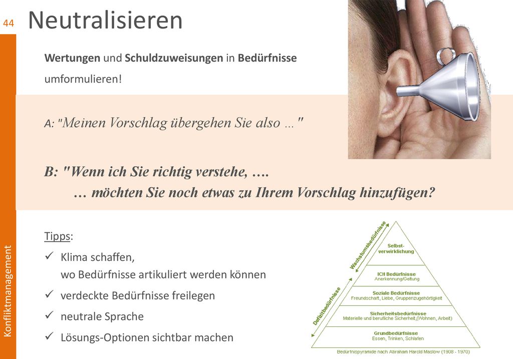 Neutralisieren Wertungen und Schuldzuweisungen in Bedürfnisse. umformulieren! A: Meinen Vorschlag übergehen Sie also …