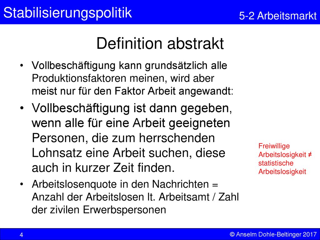 Definition abstrakt Vollbeschäftigung kann grundsätzlich alle Produktionsfaktoren meinen, wird aber meist nur für den Faktor Arbeit angewandt: