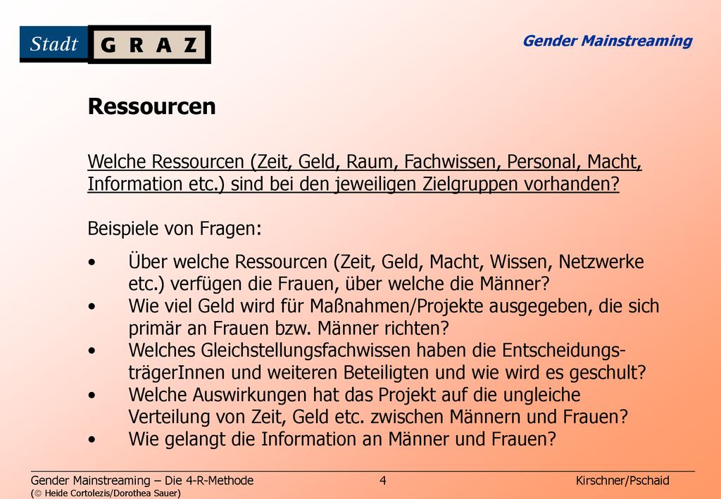 Gender Mainstreaming Ressourcen. Welche Ressourcen (Zeit, Geld, Raum, Fachwissen, Personal, Macht,