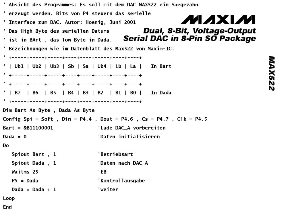 Absicht des Programmes: Es soll mit dem DAC MAX522 ein Saegezahn