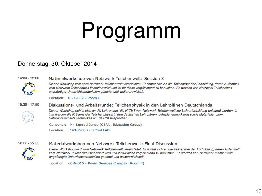 Programm Donnerstag, 30. Oktober 2014