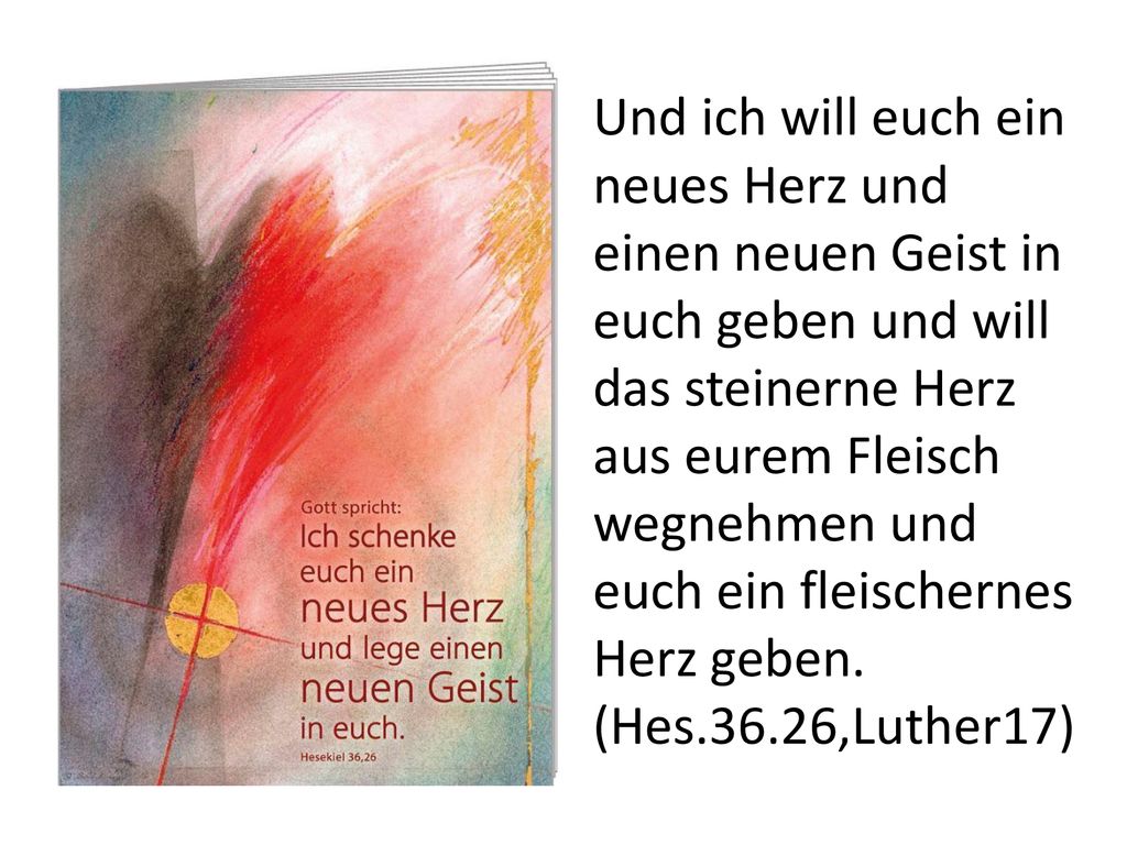 Und ich will euch ein neues Herz und einen neuen Geist in euch geben und will das steinerne Herz aus eurem Fleisch wegnehmen und euch ein fleischernes Herz geben.