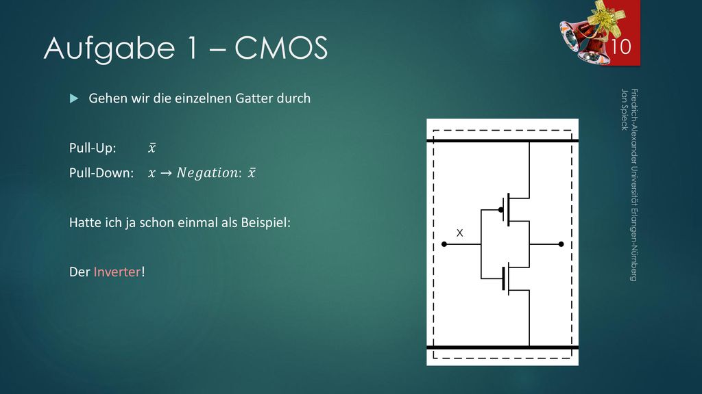 Aufgabe 1 – CMOS Gehen wir die einzelnen Gatter durch Pull-Up: 𝑥