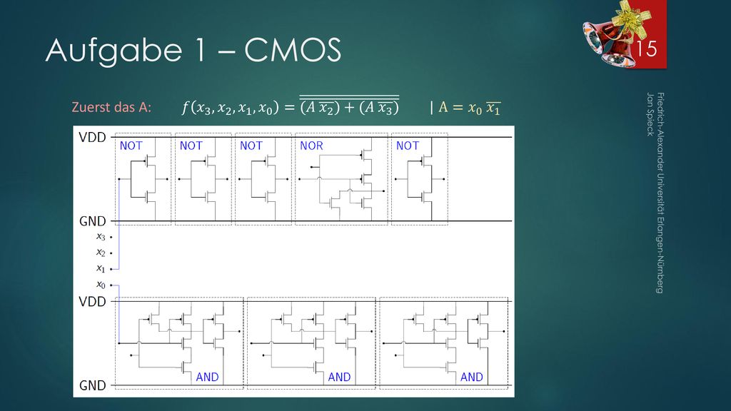 Aufgabe 1 – CMOS Zuerst das A: 𝑓 𝑥 3 , 𝑥 2 , 𝑥 1 , 𝑥 0 = (𝐴 𝑥 2 )+(𝐴 𝑥 3 ) | A= 𝑥 0 𝑥 1.
