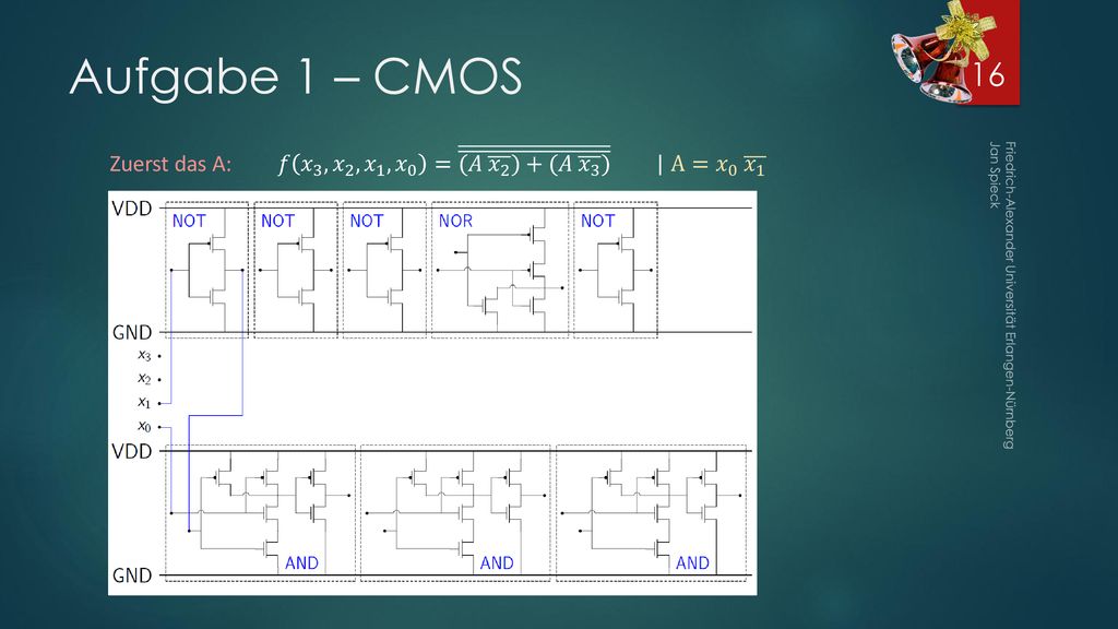 Aufgabe 1 – CMOS Zuerst das A: 𝑓 𝑥 3 , 𝑥 2 , 𝑥 1 , 𝑥 0 = (𝐴 𝑥 2 )+(𝐴 𝑥 3 ) | A= 𝑥 0 𝑥 1.