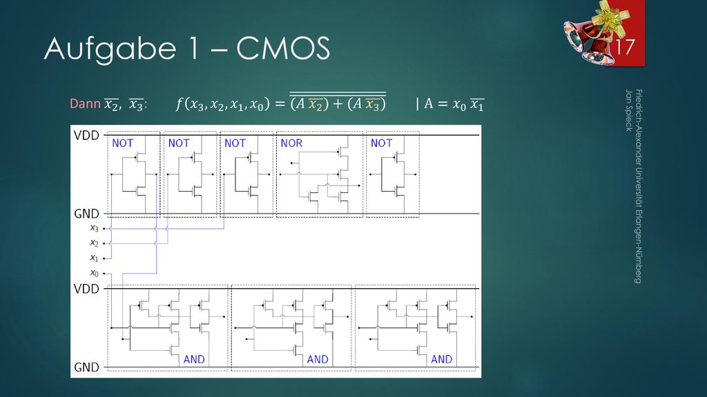 Aufgabe 1 – CMOS Dann 𝑥 2 , 𝑥 3 : 𝑓 𝑥 3 , 𝑥 2 , 𝑥 1 , 𝑥 0 = (𝐴 𝑥 2 )+(𝐴 𝑥 3 ) | A= 𝑥 0 𝑥 1.