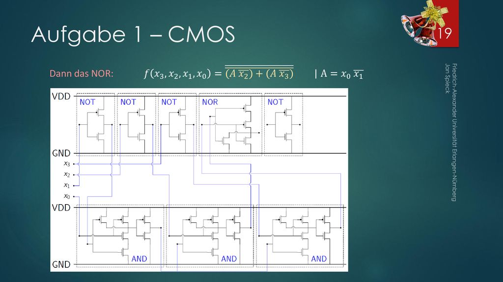 Aufgabe 1 – CMOS Dann das NOR: 𝑓 𝑥 3 , 𝑥 2 , 𝑥 1 , 𝑥 0 = (𝐴 𝑥 2 )+(𝐴 𝑥 3 ) | A= 𝑥 0 𝑥 1.