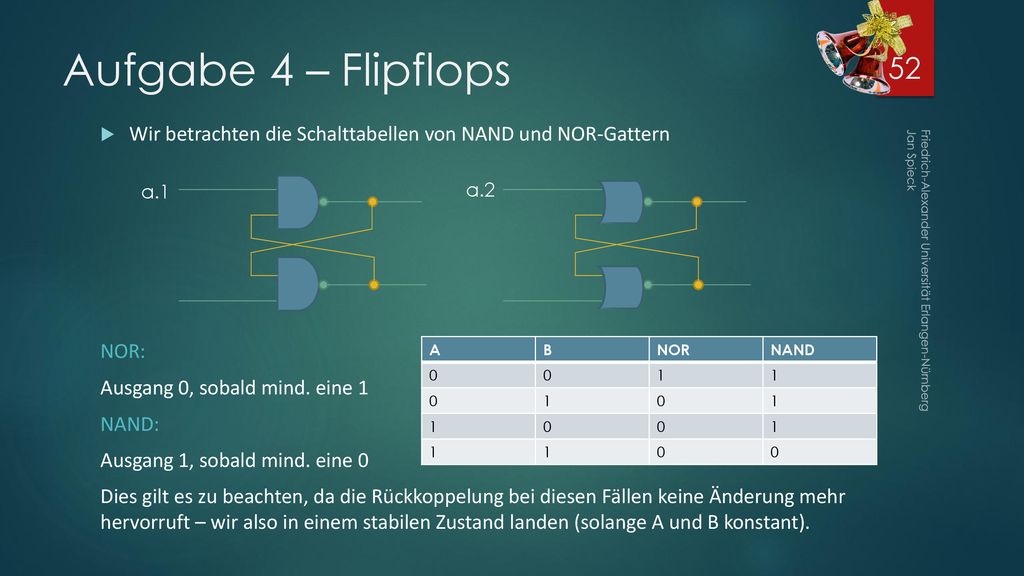 Aufgabe 4 – Flipflops Wir betrachten die Schalttabellen von NAND und NOR-Gattern. NOR: Ausgang 0, sobald mind. eine 1.