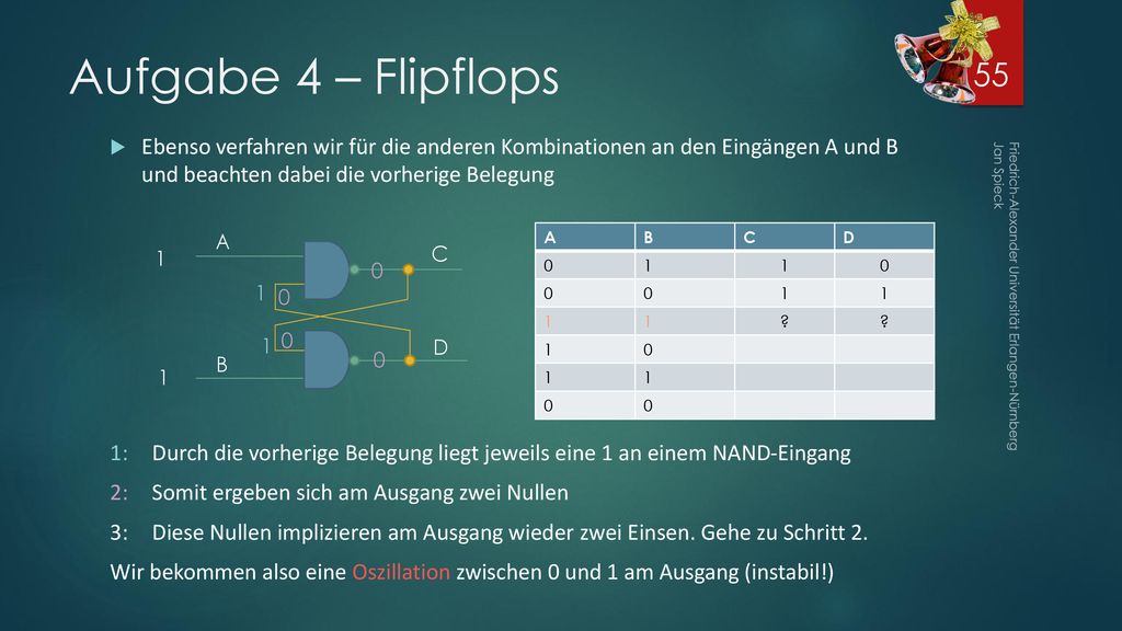 Aufgabe 4 – Flipflops Ebenso verfahren wir für die anderen Kombinationen an den Eingängen A und B und beachten dabei die vorherige Belegung.