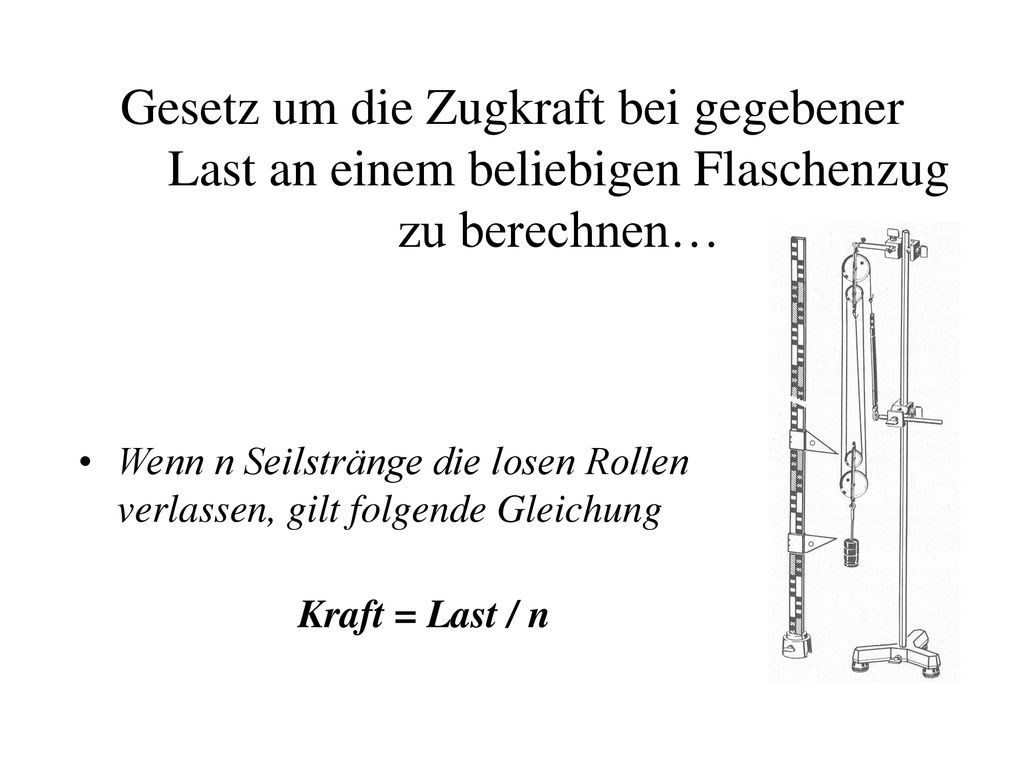Gesetz um die Zugkraft bei gegebener Last an einem beliebigen Flaschenzug zu berechnen…