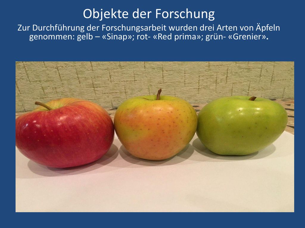 Objekte der Forschung Zur Durchführung der Forschungsarbeit wurden drei Arten von Äpfeln genommen: gelb – «Sinap»; rot- «Red prima»; grün- «Grenier».