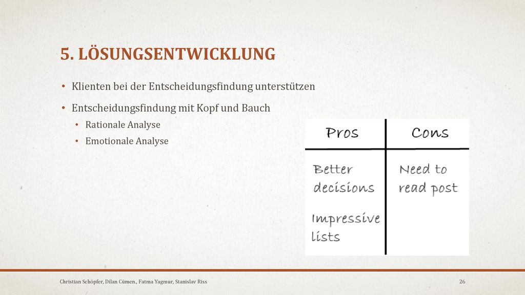 5. LÖSUNGSENTWICKLUNG Klienten bei der Entscheidungsfindung unterstützen. Entscheidungsfindung mit Kopf und Bauch.