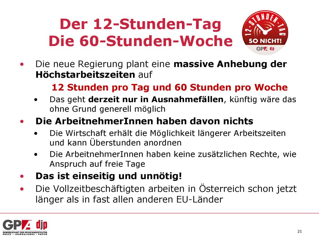 Der 12-Stunden-Tag Die 60-Stunden-Woche