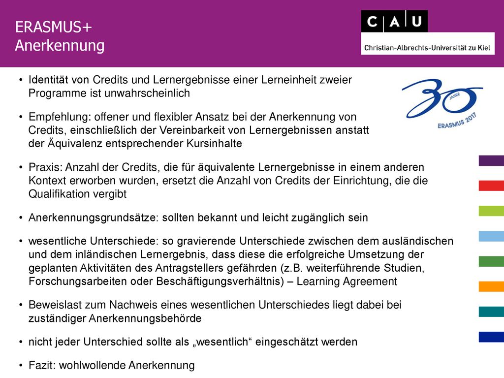 ERASMUS+ Anerkennung. Identität von Credits und Lernergebnisse einer Lerneinheit zweier. Programme ist unwahrscheinlich.
