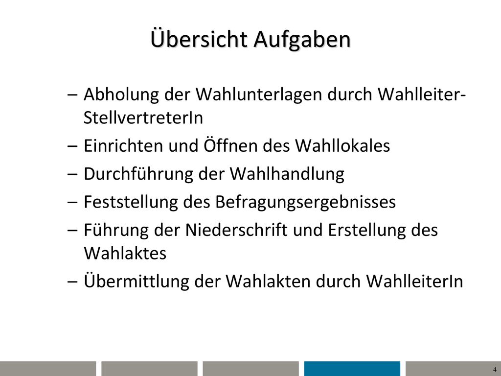 Übersicht Aufgaben Abholung der Wahlunterlagen durch Wahlleiter-StellvertreterIn. Einrichten und Öffnen des Wahllokales.