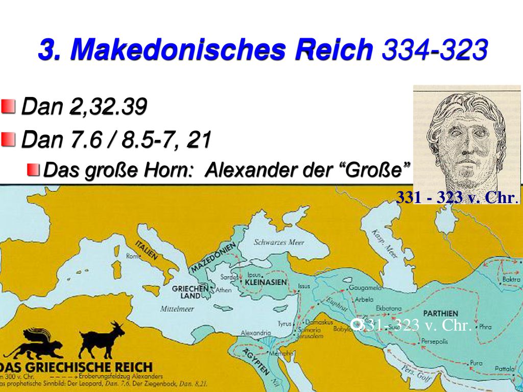 3. Makedonisches Reich Dan 2,32.39 Dan 7.6 / 8.5-7, 21