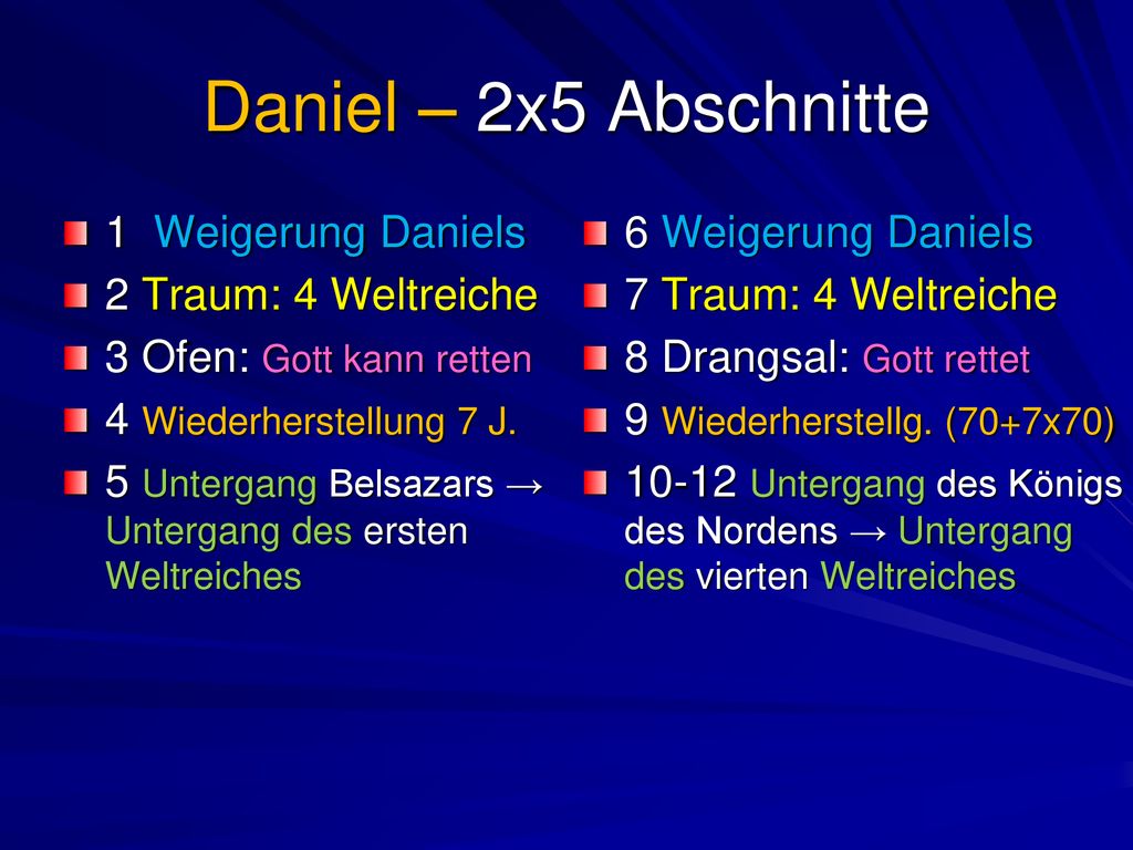 Daniel – 2x5 Abschnitte 1 Weigerung Daniels 2 Traum: 4 Weltreiche