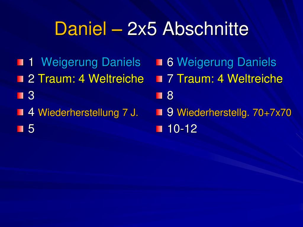 Daniel – 2x5 Abschnitte 1 Weigerung Daniels 2 Traum: 4 Weltreiche 3