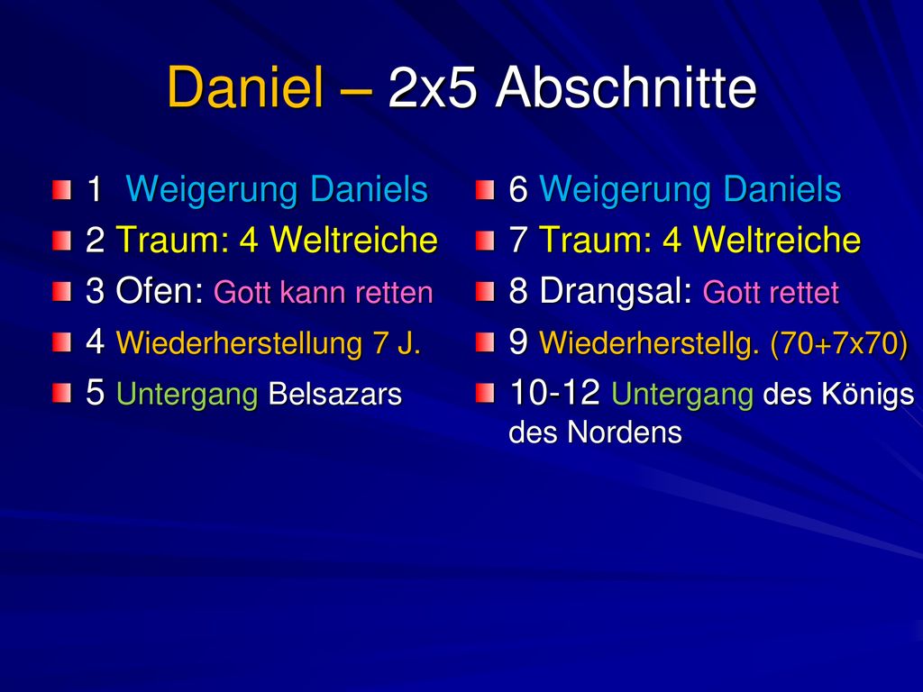 Daniel – 2x5 Abschnitte 1 Weigerung Daniels 2 Traum: 4 Weltreiche