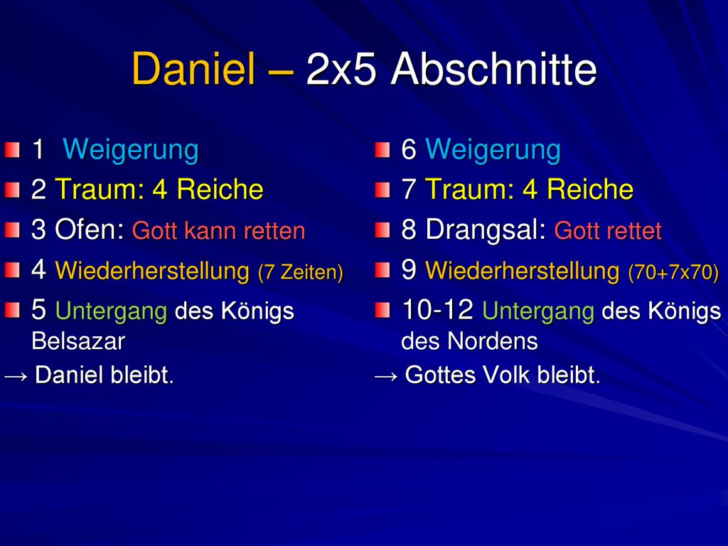 Daniel – 2x5 Abschnitte 1 Weigerung 2 Traum: 4 Reiche