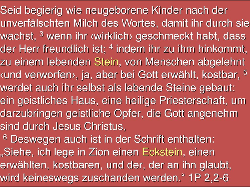 Seid begierig wie neugeborene Kinder nach der unverfälschten Milch des Wortes, damit ihr durch sie wachst, 3 wenn ihr ‹wirklich› geschmeckt habt, dass der Herr freundlich ist; 4 indem ihr zu ihm hinkommt, zu einem lebenden Stein, von Menschen abgelehnt ‹und verworfen›, ja, aber bei Gott erwählt, kostbar, 5 werdet auch ihr selbst als lebende Steine gebaut: ein geistliches Haus, eine heilige Priesterschaft, um darzubringen geistliche Opfer, die Gott angenehm sind durch Jesus Christus,