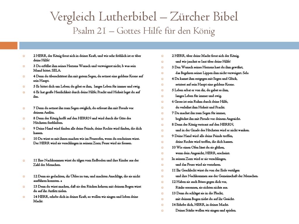 Vergleich Lutherbibel – Zürcher Bibel Psalm 21 – Gottes Hilfe für den König