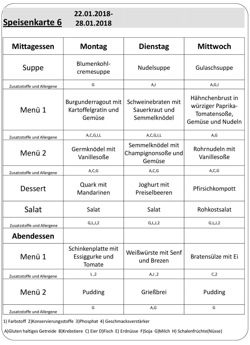 Speisenkarte 6 Salat Mittagessen Montag Dienstag Mittwoch Suppe Menü 1