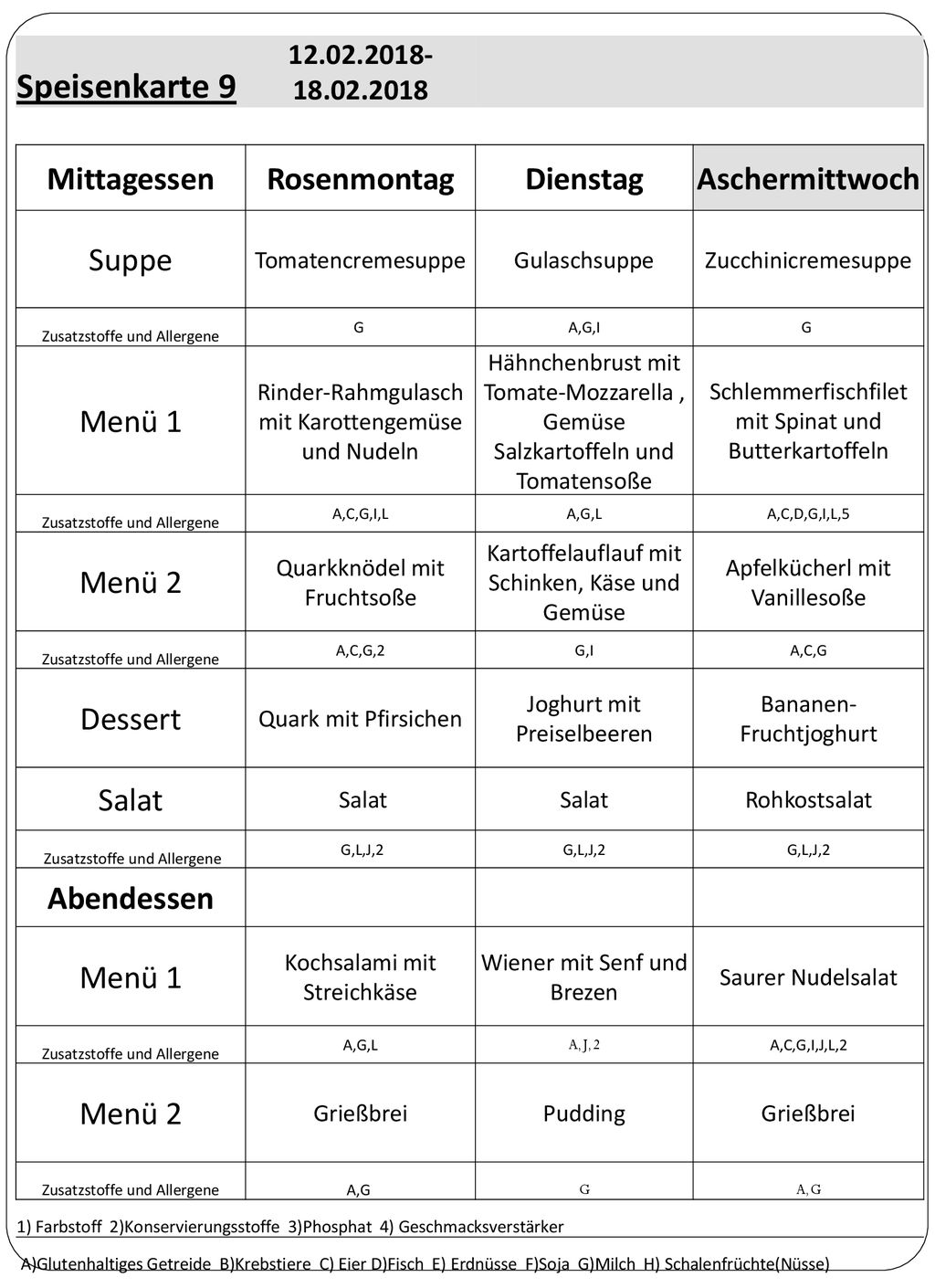 Speisenkarte 9 Mittagessen Rosenmontag Dienstag Aschermittwoch Suppe