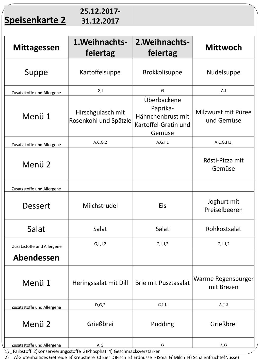 Speisenkarte 2 Mittagessen 1.Weihnachts-feiertag 2.Weihnachts-feiertag