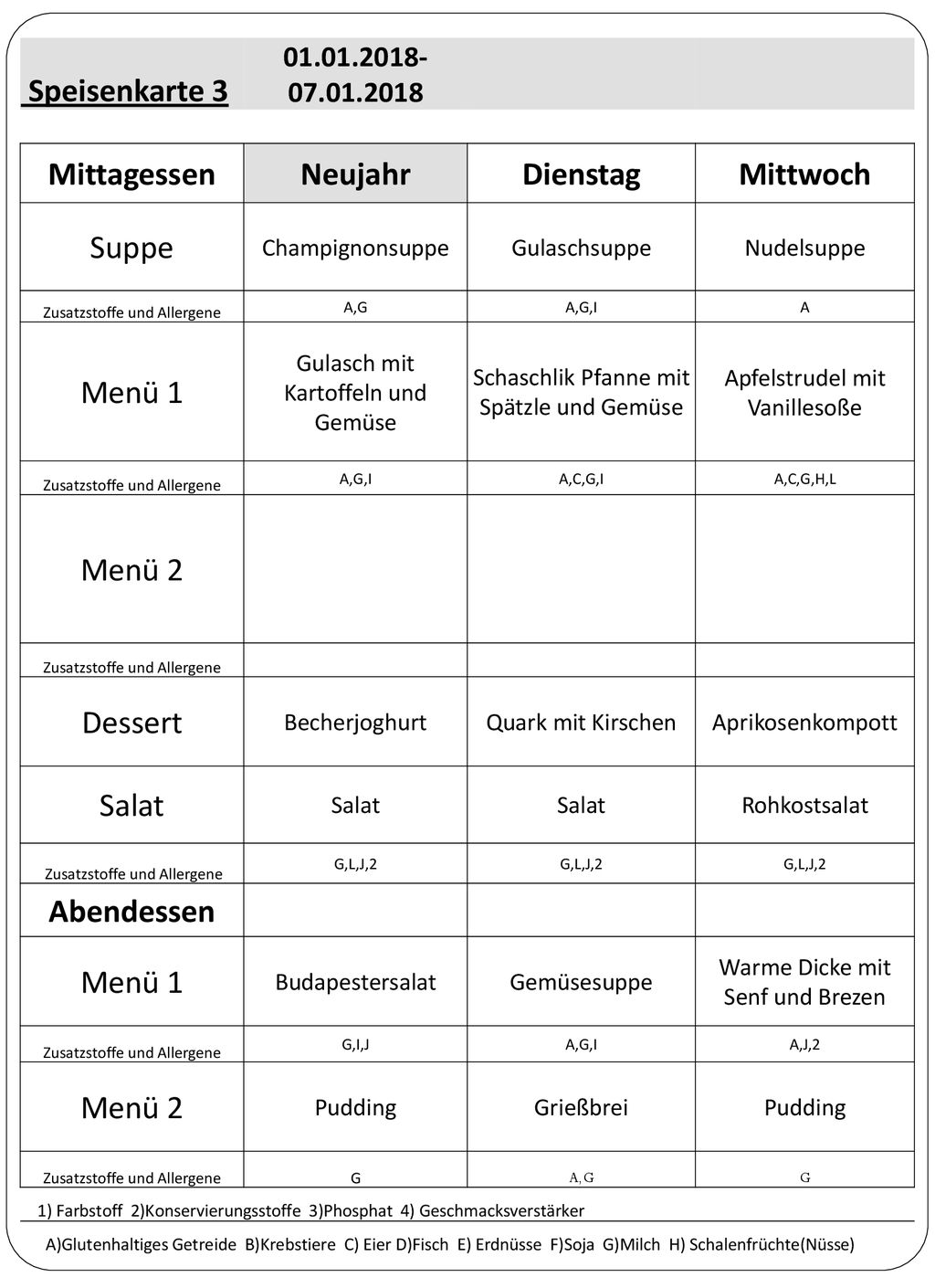 Mittagessen Neujahr Dienstag Mittwoch Abendessen