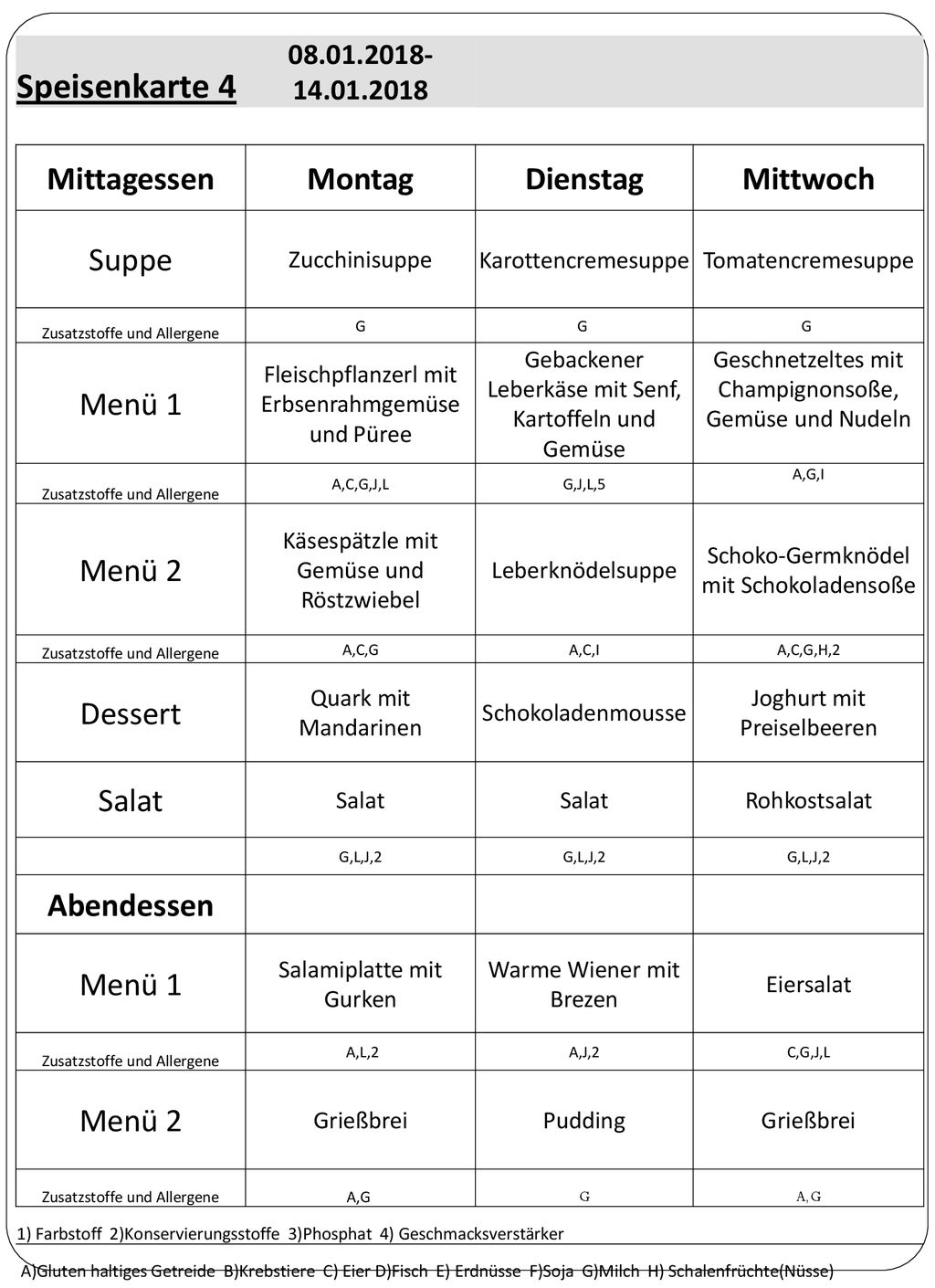 Speisenkarte 4 Mittagessen Montag Dienstag Mittwoch Suppe Menü 1
