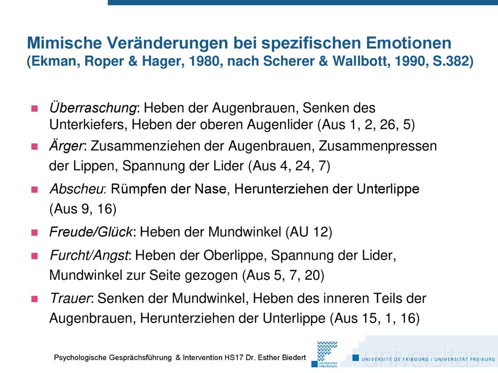 Mimische Veränderungen bei spezifischen Emotionen (Ekman, Roper & Hager, 1980, nach Scherer & Wallbott, 1990, S.382)