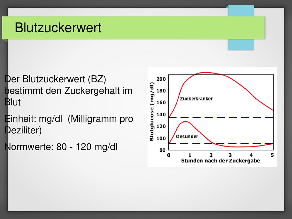 Blutzuckerwert Der Blutzuckerwert (BZ) bestimmt den Zuckergehalt im Blut. Einheit: mg/dl (Milligramm pro Deziliter)