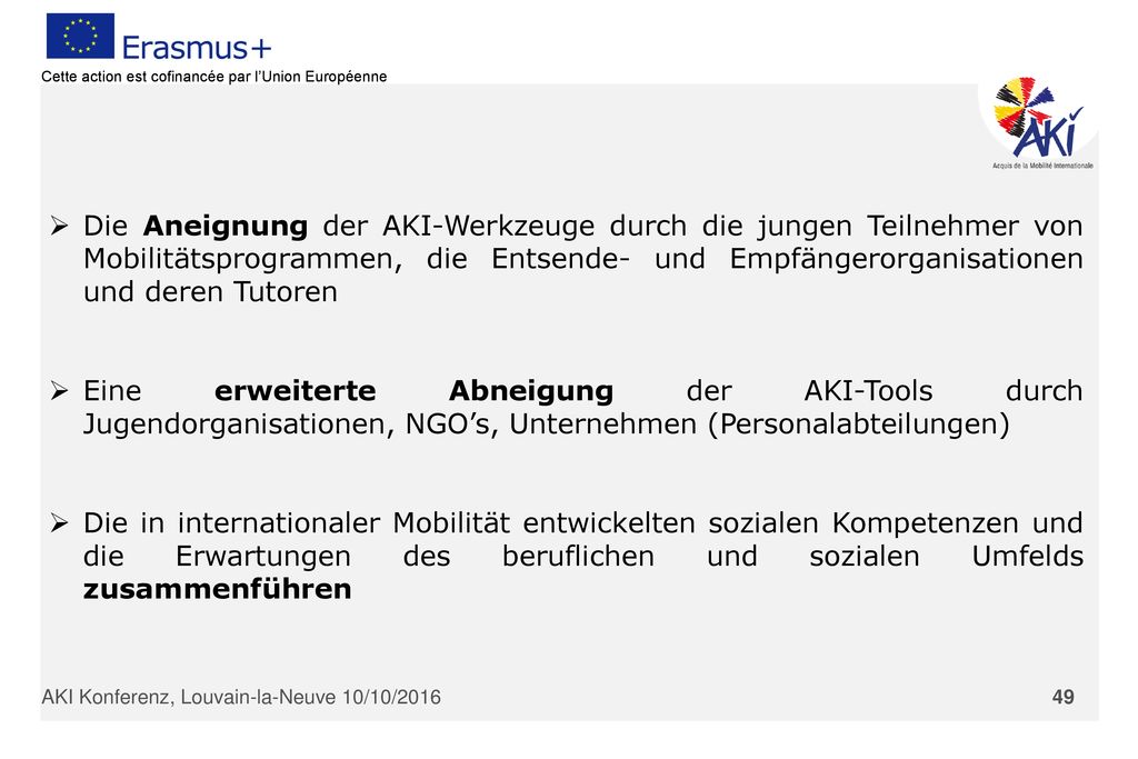 Die Aneignung der AKI-Werkzeuge durch die jungen Teilnehmer von Mobilitätsprogrammen, die Entsende- und Empfängerorganisationen und deren Tutoren