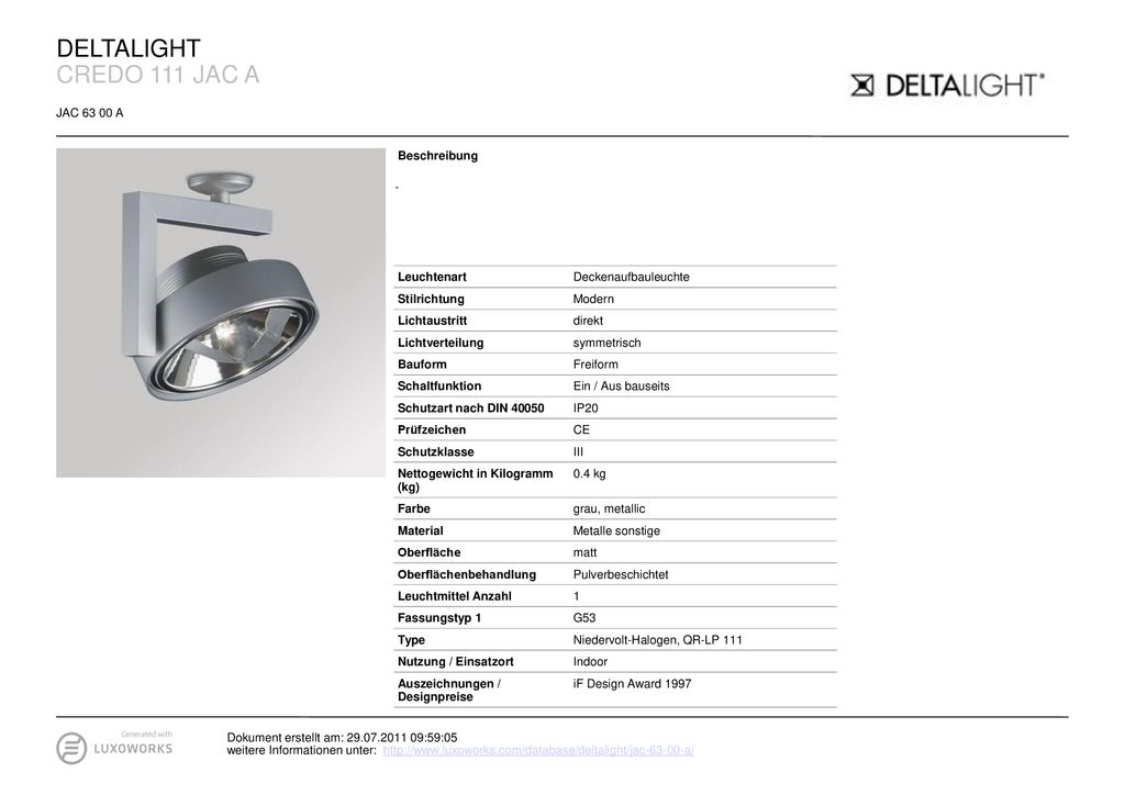 DELTALIGHT CREDO 111 JAC A JAC A Beschreibung - Leuchtenart