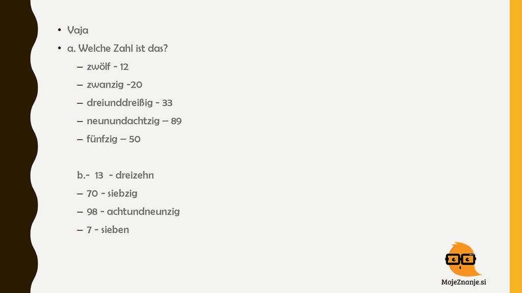 Vaja a. Welche Zahl ist das zwölf zwanzig -20. dreiunddreißig neunundachtzig – 89.