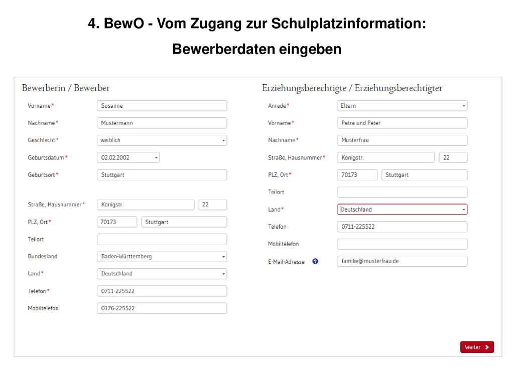 4. BewO - Vom Zugang zur Schulplatzinformation: Bewerberdaten eingeben