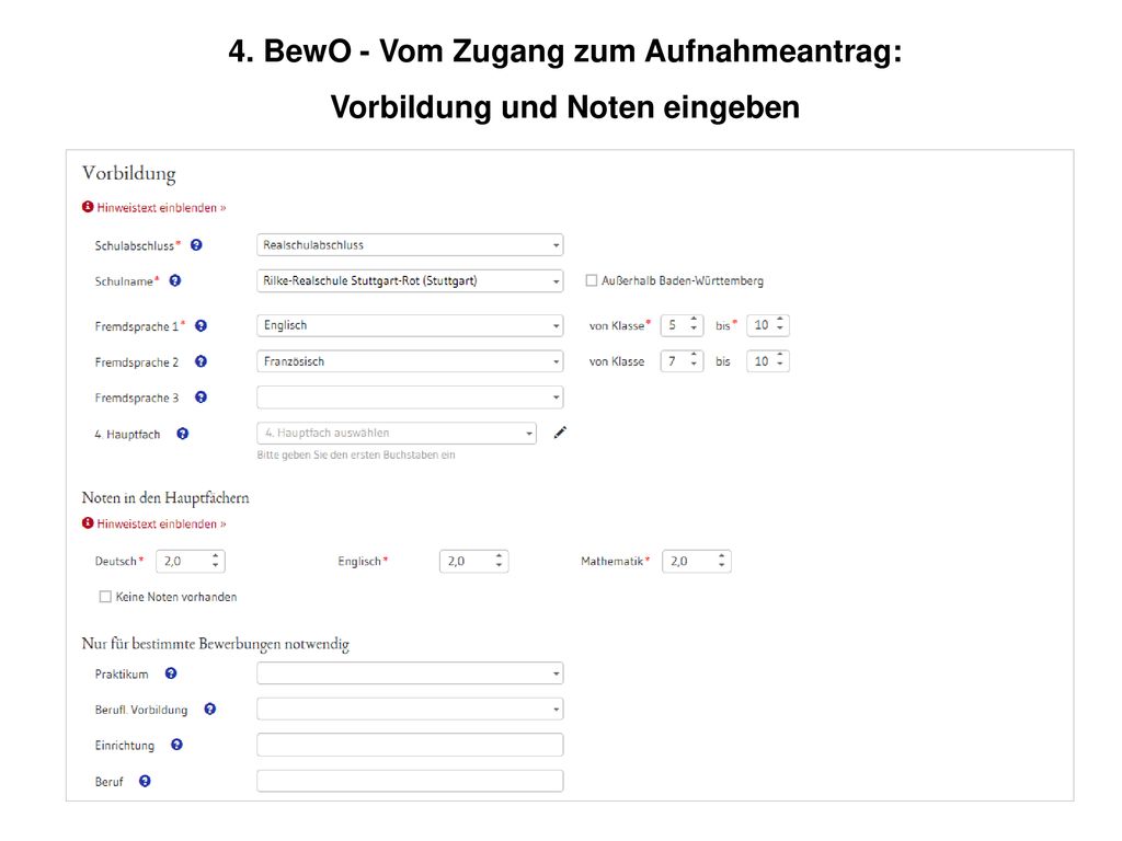 4. BewO - Vom Zugang zum Aufnahmeantrag: Vorbildung und Noten eingeben