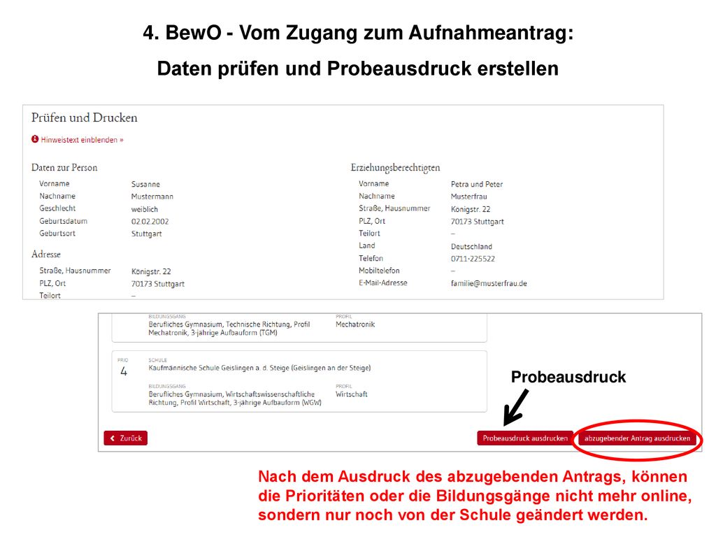 4. BewO - Vom Zugang zum Aufnahmeantrag: Daten prüfen und Probeausdruck erstellen