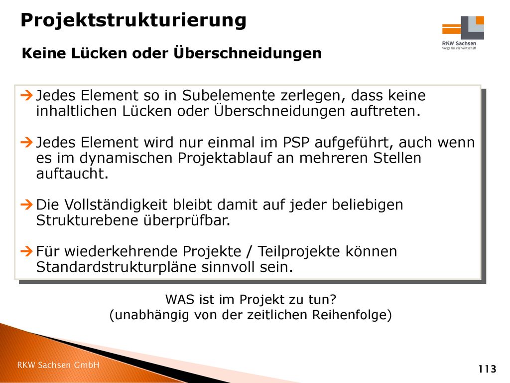 WAS ist im Projekt zu tun (unabhängig von der zeitlichen Reihenfolge)