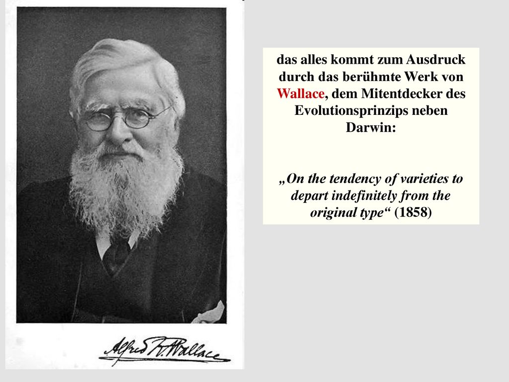 das alles kommt zum Ausdruck durch das berühmte Werk von Wallace, dem Mitentdecker des Evolutionsprinzips neben Darwin: