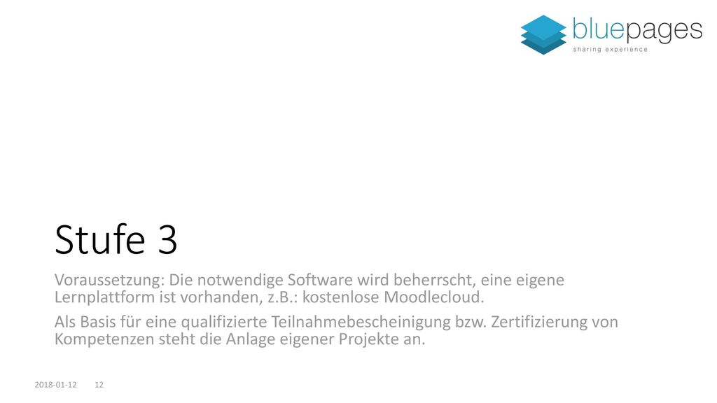 Stufe 3 Voraussetzung: Die notwendige Software wird beherrscht, eine eigene Lernplattform ist vorhanden, z.B.: kostenlose Moodlecloud.
